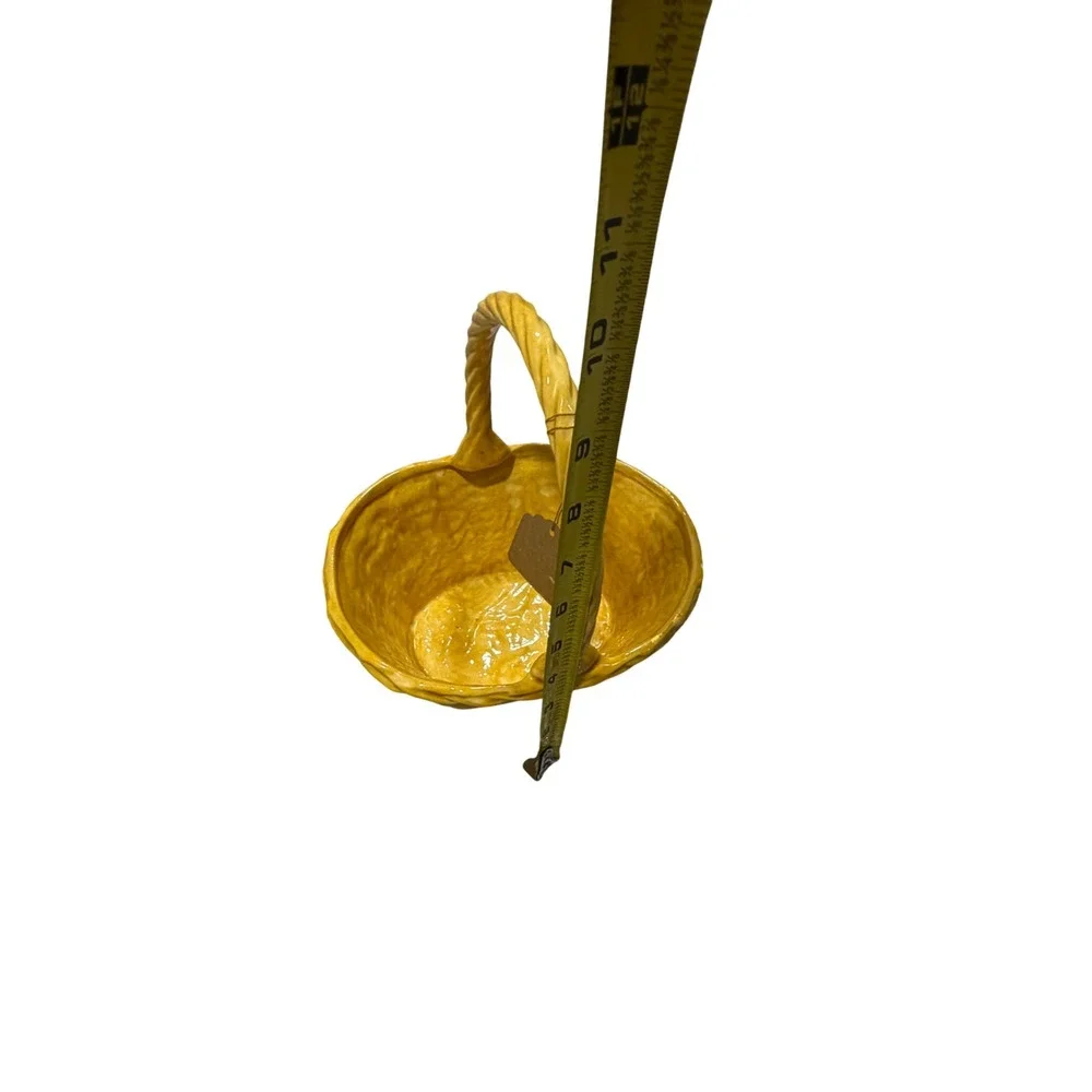 Vintage Yellow Ceramic Woven Basket with Twisted Handle Decorative Decor 11 inch